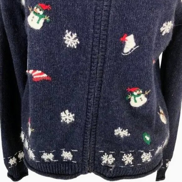 Vintage Croft & Barrow Snowman Wool Angora Embroidered Zip Cardigan Navy Size PM - Picture 7 of 9
